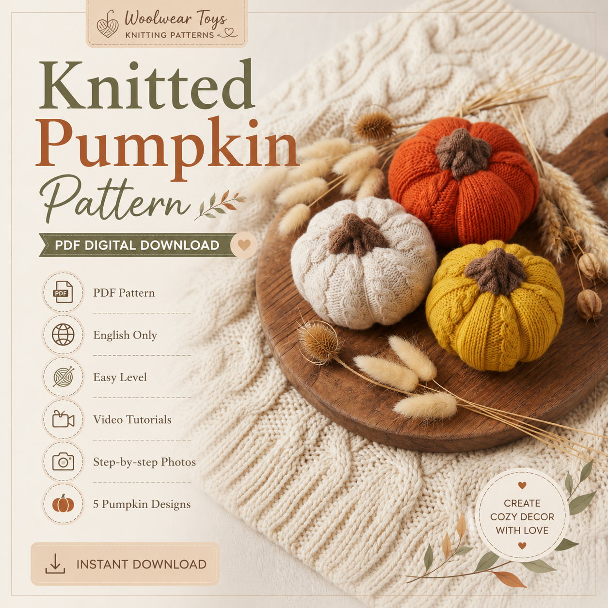 Knitted Cable Pumpkin Pattern | Easy Autumn Decor PDF (EN)